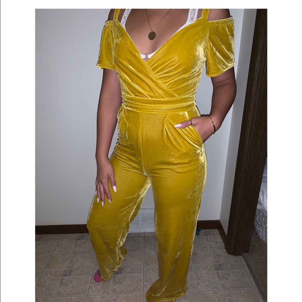 Yellow velvet fitted jumpsuit